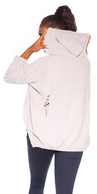 Trendy oversized chenille pullover met capuchon grijs
